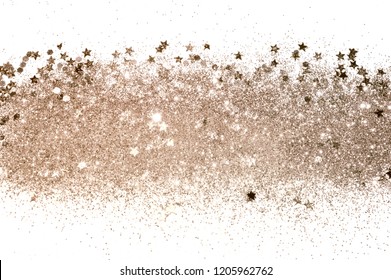 Rose Gold Glitter And Glittering Stars On White Background In Vintage Colors