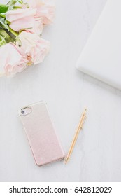 Rose Gold Phone, Laptop And Pink Flowers