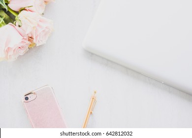 Rose Gold Phone, Laptop And Pink Flowers 