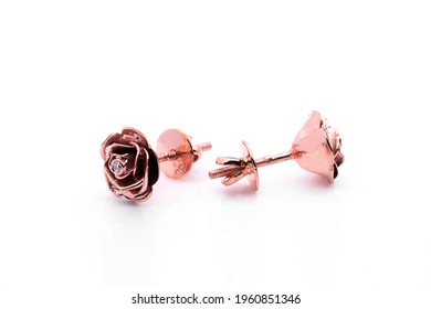 Rose Gold Pink Earring With Dimond , On White Background 