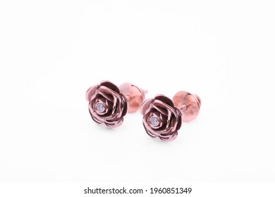 Rose Gold Pink Earring With Dimond , On White Background 