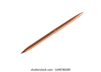 A Rose Gold Slim Pen Isolated On White Background.