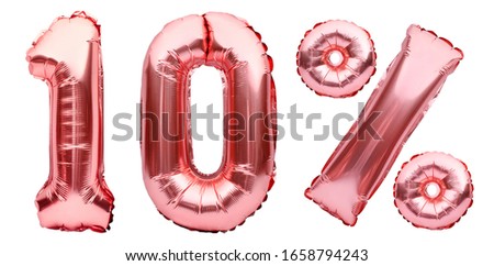 Rose golden ten percent sign made of inflatable balloons isolated on white. Helium balloons, pink foil numbers. Sale decoration, black friday, discount concept. 10 percent off, advertisement message.