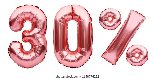 Rose golden thirty percent sign made of inflatable balloons isolated on white.Helium balloons, pink foil numbers. Sale decoration, black friday, discount concept.30 percent off, advertisement message. - Powered by Shutterstock