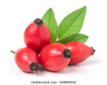 rose hip berry with leaf isolated on white background