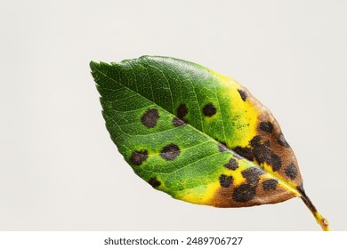 Rose leaf with symptoms of fungal disease, close up view. Black spot of rose, disease caused by Diplocarpon rosae fungus - Powered by Shutterstock