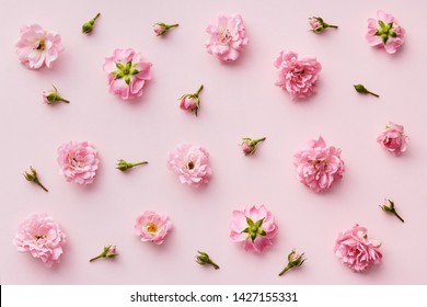 Rose pattern. Flat lay spring and summer rose flowers on a pink background. Repetition concept. Top view - Powered by Shutterstock