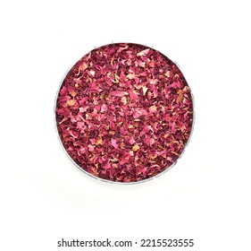 Rose Petals On White Background. Top View. Dried Rose Petals.  Rose Petals Coarse Cuts. 