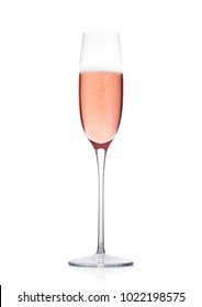 Rose Pink Champagne Glass With Bubbles Isolated On White Background