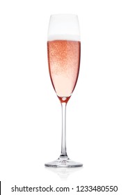 Rose Pink Champagne Glass With Bubbles Isolated On White Background