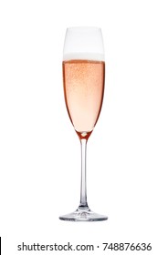 Rose Pink Champagne Glass With Bubbles Isolated On White Background