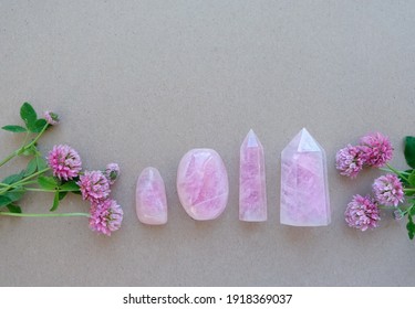 rose quartz minerals set and clover flowers. gemstones for esoteric spiritual practice, Healing Magic Crystal Ritual, Witchcraft, Spa, Relax Chakra. Feng Shui, reiki therapy, aura cleansing. flat lay