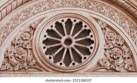 Rose stained glass window in cathedral - Shutterstock ID 2311188537