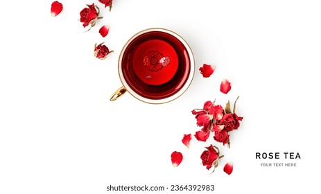 Rose tea creative layout. Dried red rose petals, buds, flowers and tea cup isolated on white background. Alternative medicine concept. Top view, flat lay. Design element