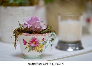 Rose in tea cup used as flower decoration for a table, centre piece or wedding deocr. Pastel color roses in pink, white, beige and purple. Moss fills the space around the rose. Simple beautiful decor