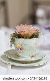 Rose in tea cup used as flower decoration for a table, centre piece or wedding deocr. Pastel color roses in pink, white, beige and purple. Moss fills the space around the rose. Simple beautiful decor