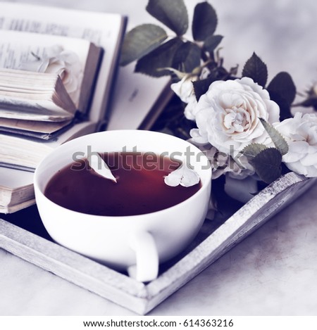 Similar – Still life with cup of tea at the window