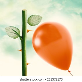 Rose Thorn About To Pop Love Heart Balloon In Vintage Blue Sky, Clipping Path And Alpha Channel Included.