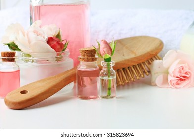 Rose Water  Botanical Hair Products Treatment, Vials Jars Comb Towel Tonic Home Spa Setting, Feminine Secret, Blank Space, Soft Delicate Focus