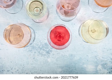 Rose And White Wine, Overhead Flat Lay Shot With A Place For Text. Winetasting Event With Copy Space