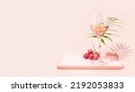 Rose wine. Minimalistic, Summer, holiday composition with glass of rose wine, grapes and palm leaf on a pink tray on pink background with copy space. Self-partnered and self love concept. Summer party