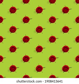 rosebud seamless pattern. head of rose bloom isolated on green pattern, pop art