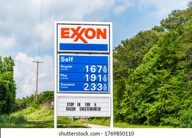 Roseland, USA - June 9, 2020: Famous Scenic Road Route 151 Patrick Henry Highway In Nelson County, Virginia With Exxon Gas Station Sign And Cheap Prices With Bacon Cheeseburger