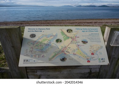 Rosemarkie, Scotland, UK, September 15 2021: Welcome To Chanonry Point And The Black Isle Sign With Blurred Background Of Beach And Moray Firth. Map With Information, No People.