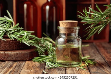 Rosemary essential oil or infusion on an old wooden table. Aromatherapy, spa, and herbal medicine ingredients.  - Powered by Shutterstock