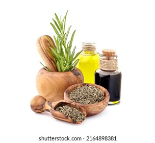 Rosemary fresh and dry isolated on white background.  Rosemary with olive oil and balsamic vinegar. Spice closeup. - Powered by Shutterstock