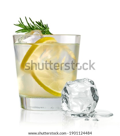 Rosemary infused vodka or gin tonic and sliced lime in glass isolated on white background.
