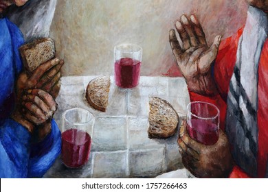 ROSENBERG, GERMANY - MAY 06, 2014: Supper at Emmaus, detail of high altar by Sieger Koder in Church of Our Lady of Sorrows in Rosenberg, Germany