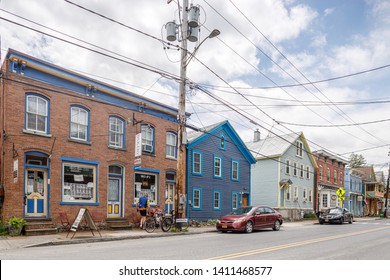 Rosendale, New York / USA - May 28 2019: Country Style Town, Main Street, Cafe, Office, Hotels Buildings, Western Style Homes. 