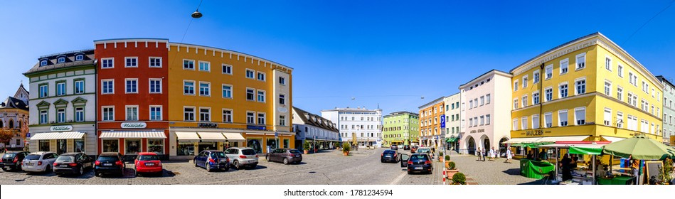Rosenheim, Germany - April 11: people at the weekly farmers market at the old town of Rosenheim on April 11, 2020