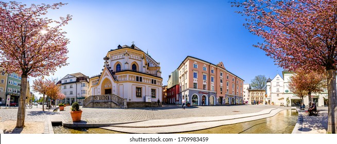 Rosenheim, Germany - April 11: typical historic bavarian buildings at the old town of Rosenheim on April 11, 2020