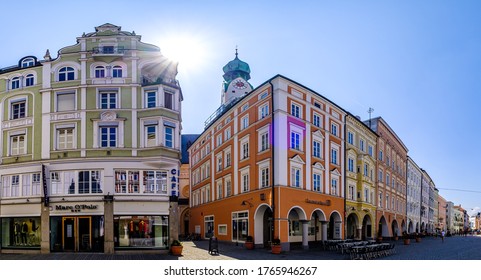 Rosenheim, Germany - April 11: typical historic bavarian buildings at the old town of Rosenheim on April 11, 2020