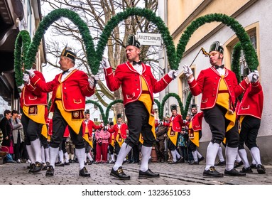 Rosenheim, Germany - February 1: typical historic schaefflertanz dance with traditional costumes on February 1,2019 in rosenheim - germany