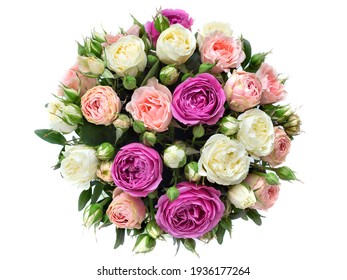 roses in a bouquet on a white background, round flower arrangement, top view as a gift for an anniversary. pink, yellow roses