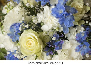 Roses, Carnation, Texas Bluebell & Delphinium Flower Bouquet
