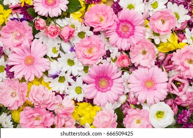 Roses, gerbera and other flowers arranged as a colorful natural background image with white, yellow and pink blossoms