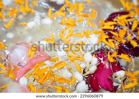 Roses, jasmine and marigolds in a big money bowl Songkran Festival or Thai New Year