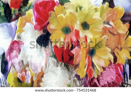 Roses and tulips in a festive bouquet. Designed in a modern technique of oil painting and watercolor. Abstraction on canvas with acrylic paint.