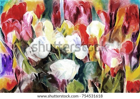 Roses and tulips in a festive bouquet. Designed in a modern technique of oil painting and watercolor. Abstraction on canvas with acrylic paint.