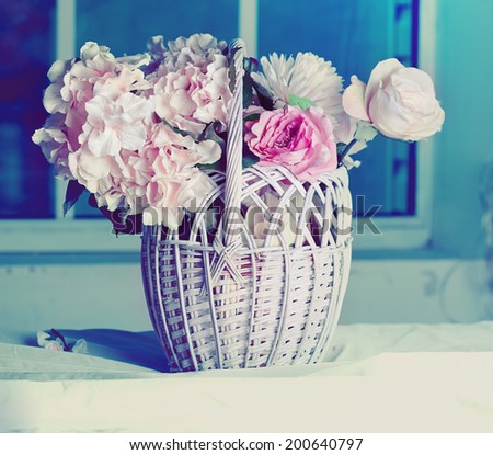 Similar – Woman decorated large bouquet of flowers with roses in vase