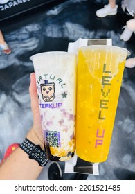 Roseville, CA - August 20, 2022: Teakup Brand Of Milk Tea And Fruit Flavored Drink With Boba At Tokyo Cream Shop.