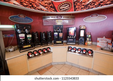 Roseville, CA - Oct 15, 2014: Wide Angle View Of Coffee Bar At A Convenience Store Called AMPM.