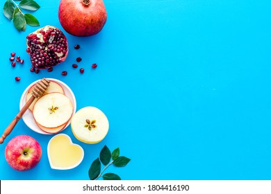 Rosh Hashana Jewish New Year Concept. Apple And Honey On The Table, Top View