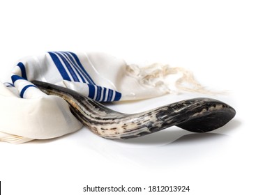 Rosh Hashana. Yom Kippur. Talit, Shofar On A White Background. Isolated