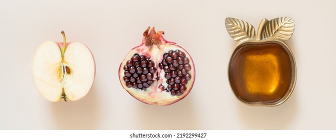 Rosh Hashanah Concept - Honey, Pomegranate And Apples