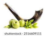 Rosh Hashanah (jewish holiday) concept. Shofar (horn) and apples on white Background